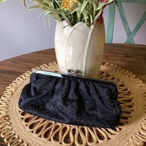 Express Black‎ Satin Beaded Kiss Lock Clutch